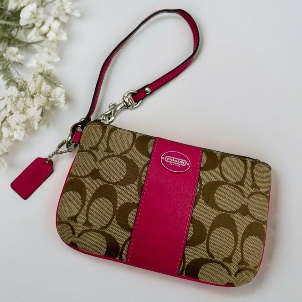 EUC Coach Canvas and Leather Signature Wristlet with Hangtag - Tan/Pink